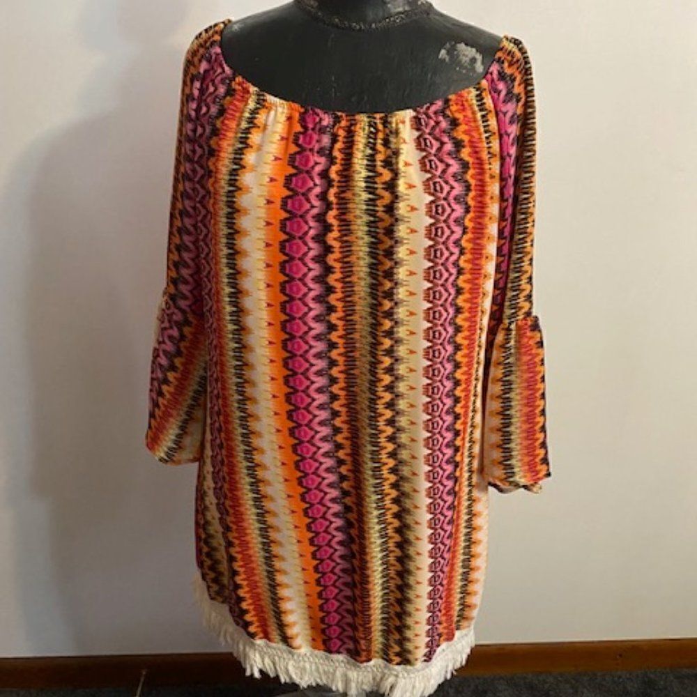 Cezanne Multi-color off the shoulder bell sleeves fringe bottom dress, size M